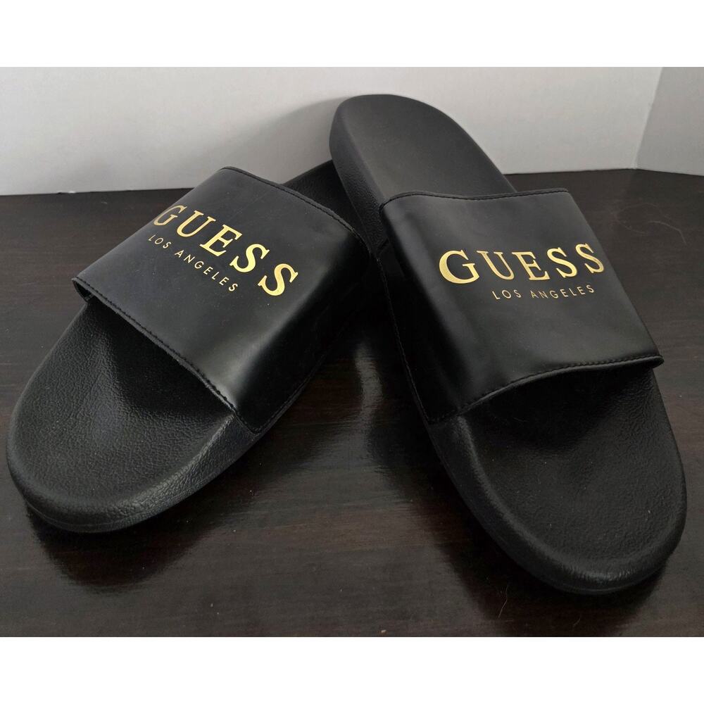 GUESS Mens Slides Black & Gold Sandals Size 12 Pool Locker Room Beach